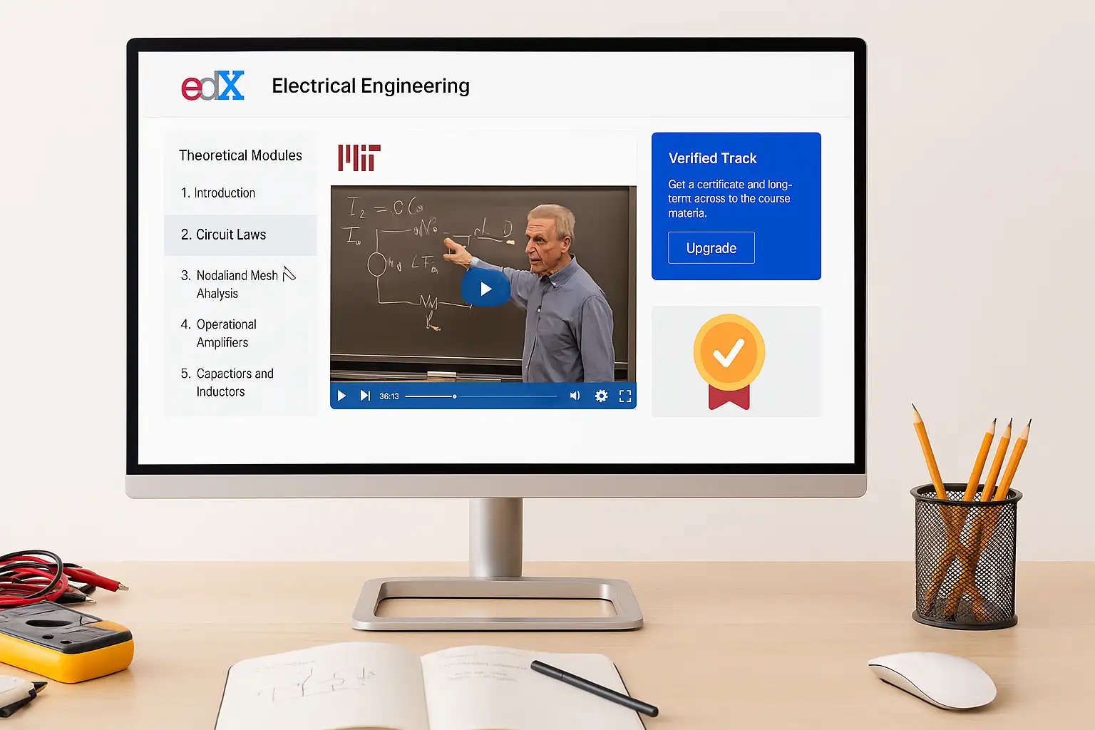 Computer screen showing MIT electrical engineering course in progress on edX with visible modules and certificate track Computer screen showing MIT electrical engineering course in progress on edX with visible modules and certificate track