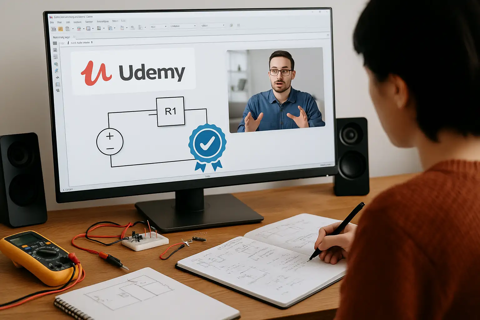 Student learning electrical design with Udemy instructor video and simulation software running on screen Student learning electrical design with Udemy instructor video and simulation software running on screen