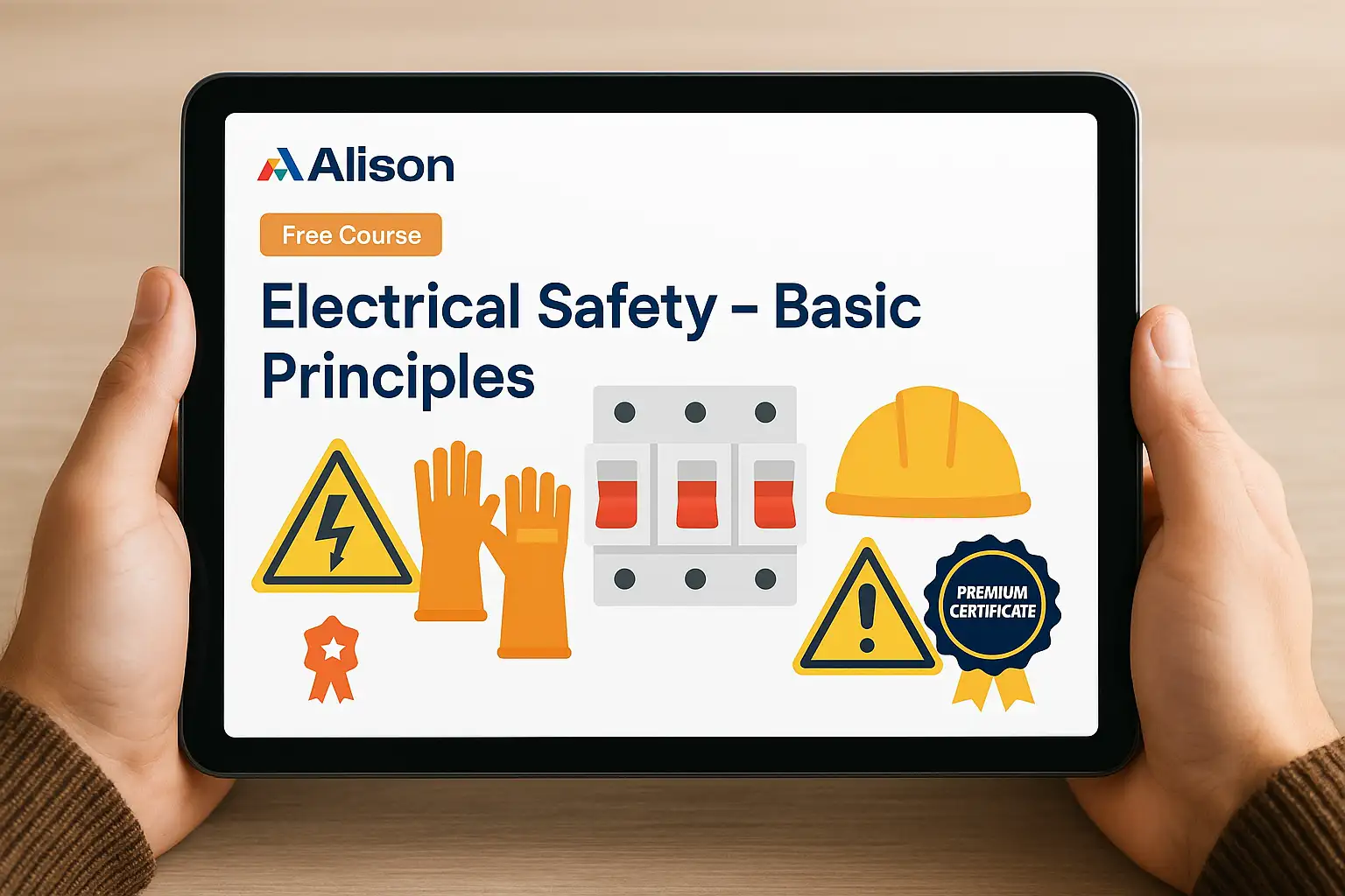 Student using tablet to view Alison’s free electrical safety course with animated safety visuals and upgrade badge Student using tablet to view Alison’s free electrical safety course with animated safety visuals and upgrade badge