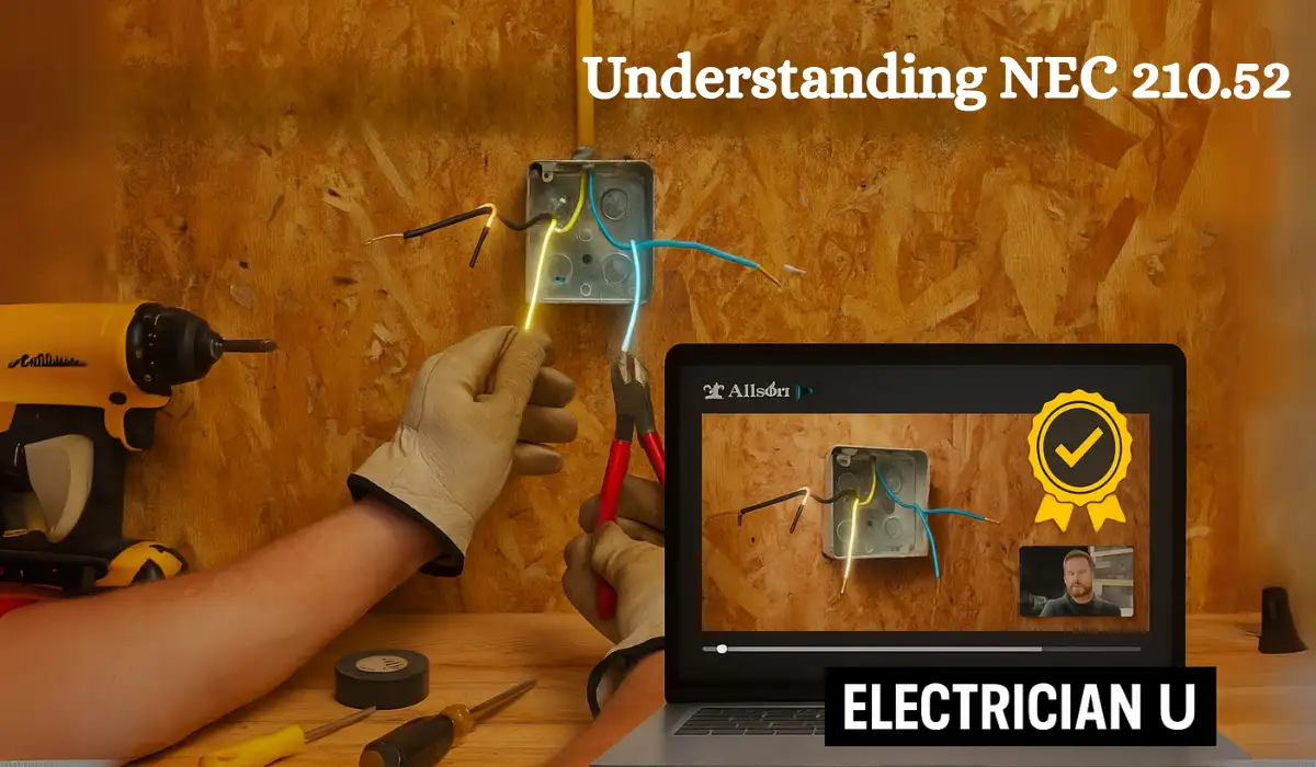 Licensed electrician demonstrating wiring techniques with on-screen NEC code reference during a video tutorial Licensed electrician demonstrating wiring techniques with on-screen NEC code reference during a video tutorial