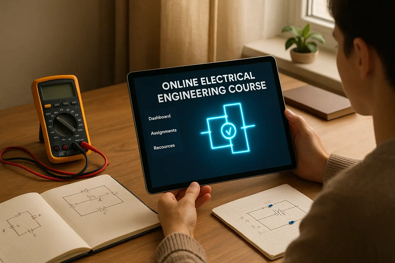 A student learning electrical engineering online through a tablet A student learning electrical engineering online through a tablet