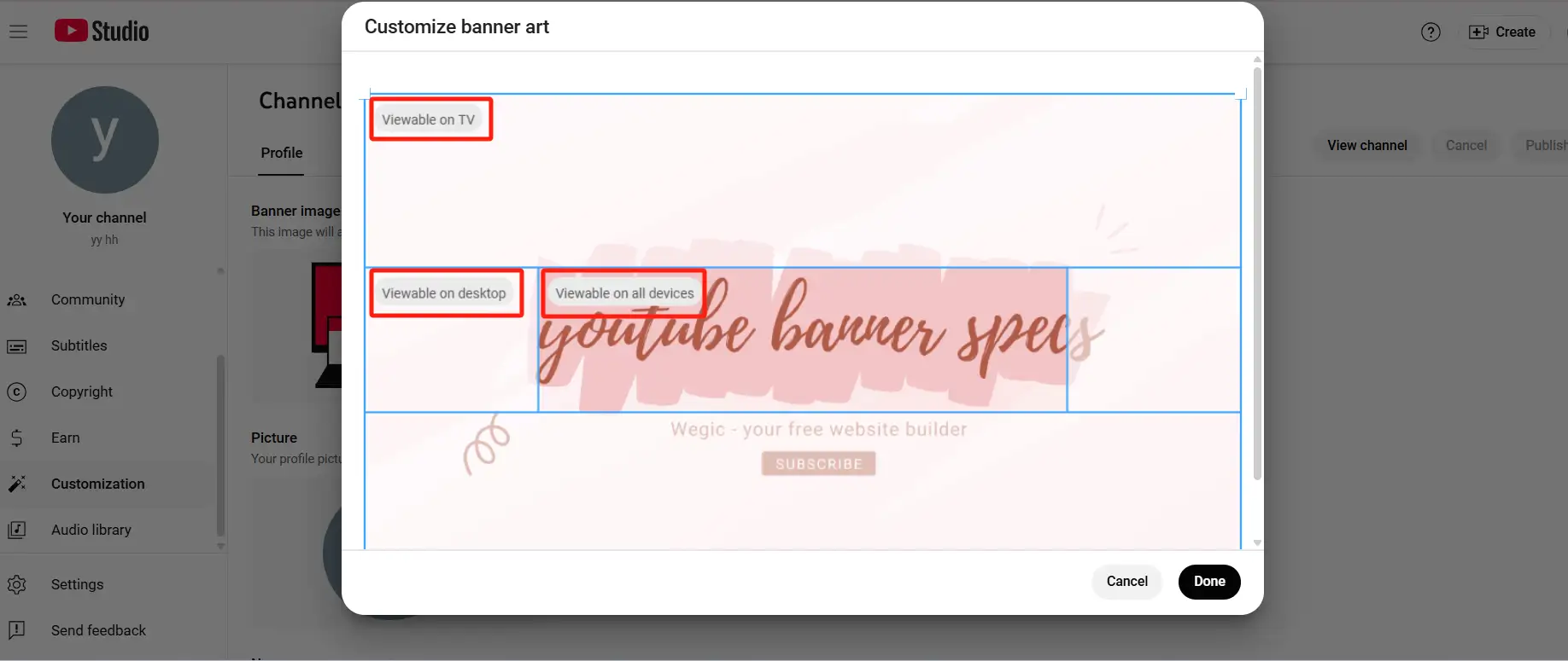 YouTube Studio banner art customization, showing viewable areas.