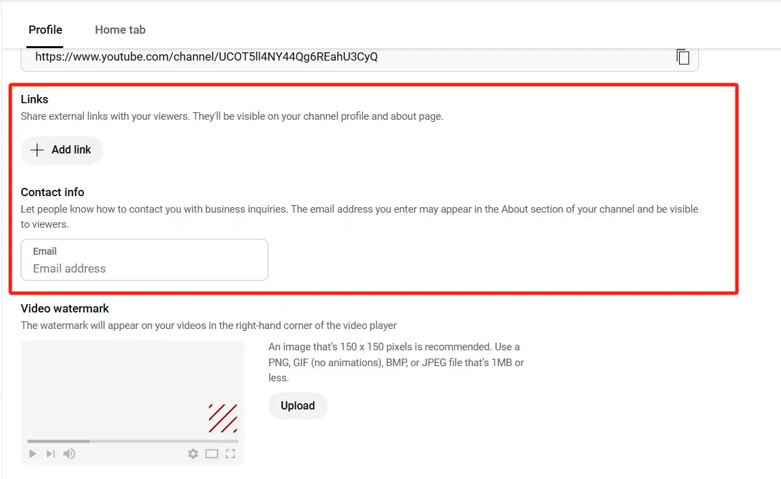 YouTube Studio: Links and Contact Info section.