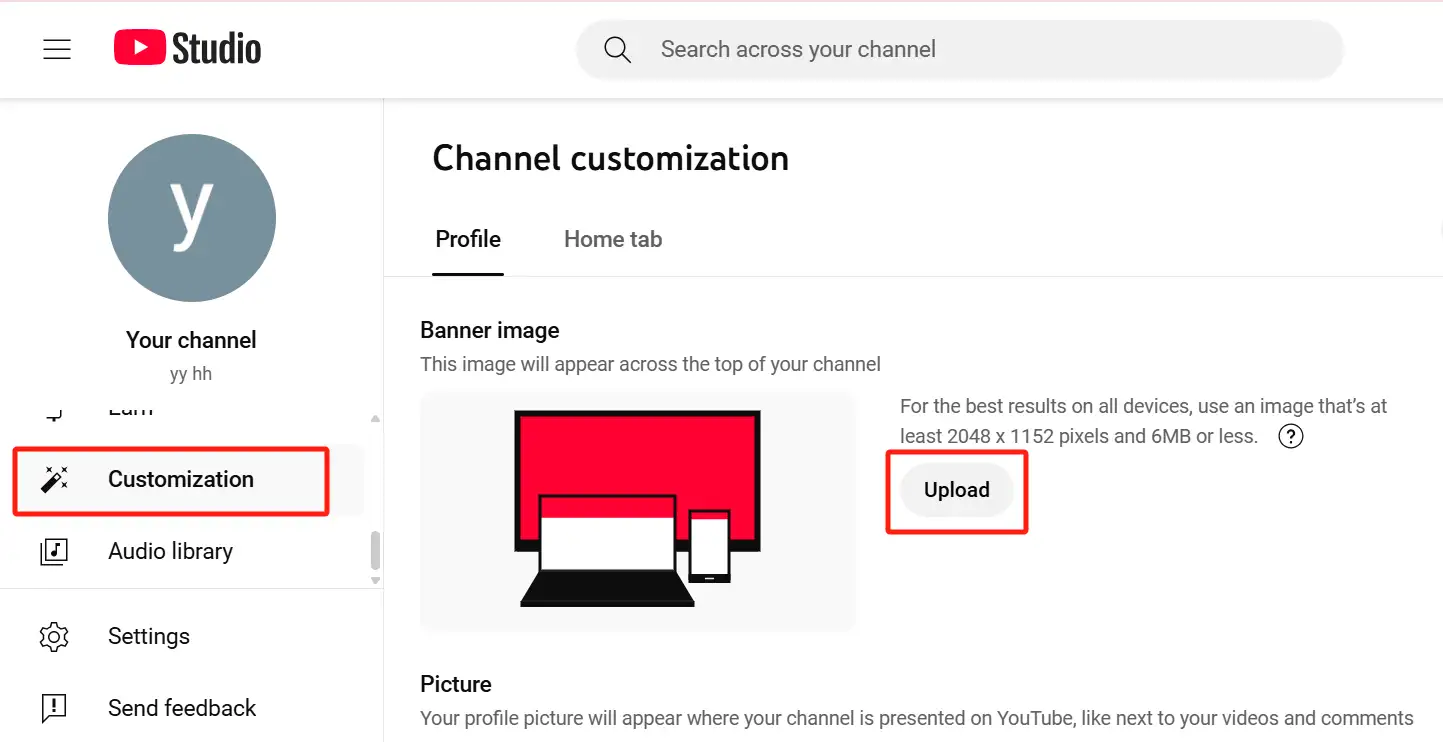 YouTube Studio Customization page with Banner image Upload button.