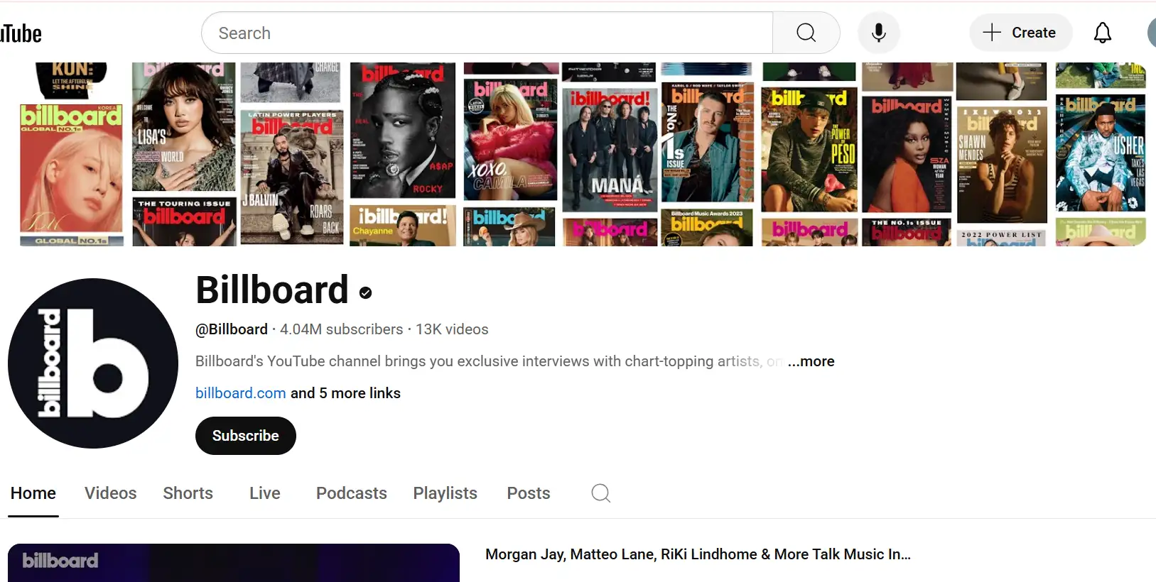 The YouTube banner image of Billboard