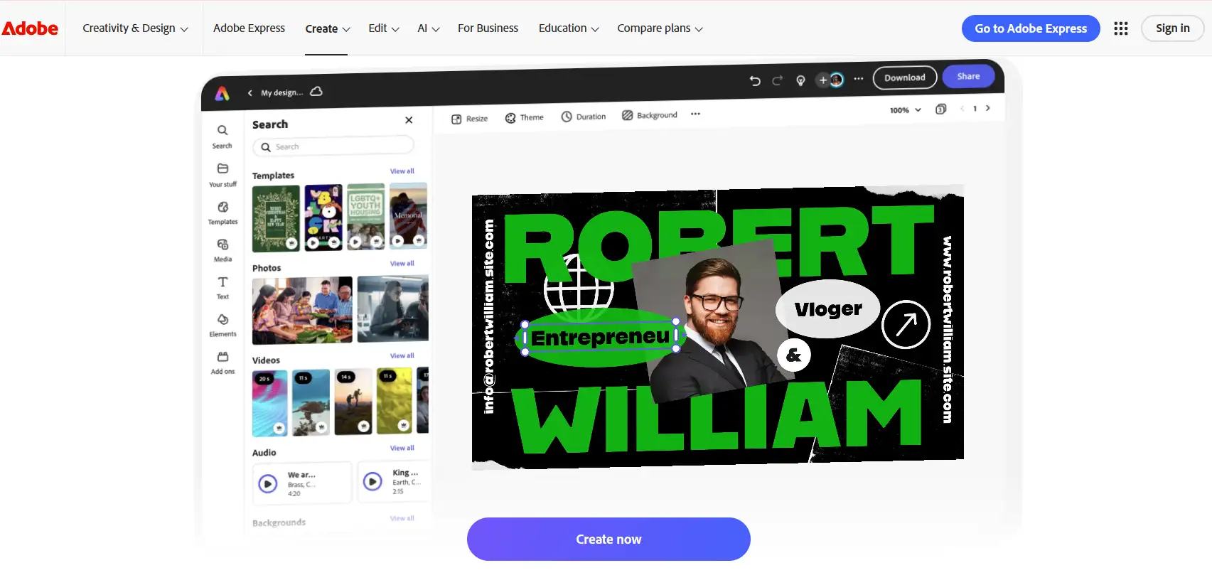 Adobe Express interface for designing a "ROBERT WILLIAM" banner