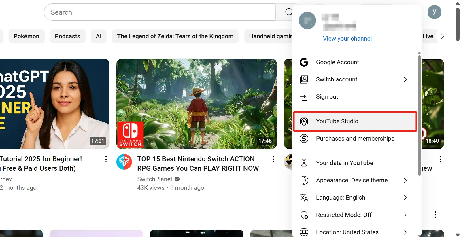 YouTube menu with YouTube Studio highlighted.