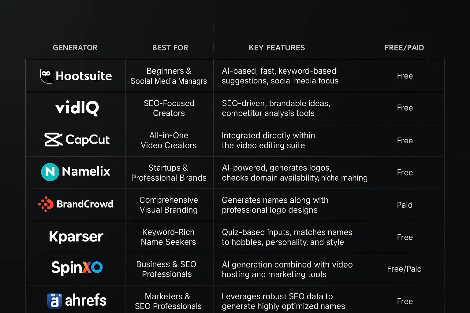 Comparison table of the best YouTube channel name generators in 2025 with tools, features, and pricing. Comparison table of the best YouTube channel name generators in 2025 with tools, features, and pricing.