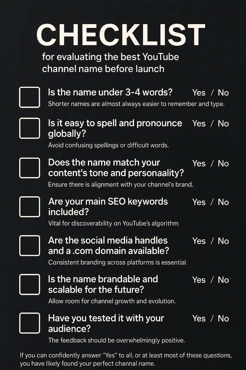 Checklist image for evaluating the best YouTube channel name before launch. Checklist image for evaluating the best YouTube channel name before launch.