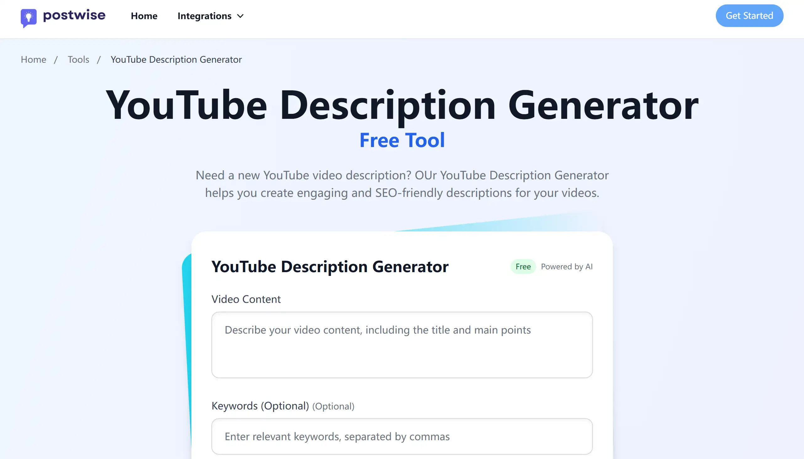 Homepage of Postwise YouTube Description Generator