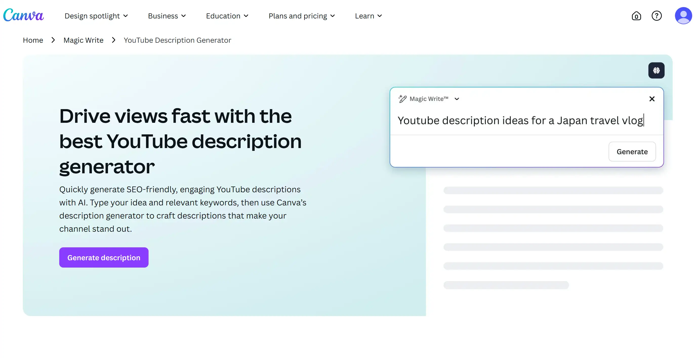 Homepage of Canva