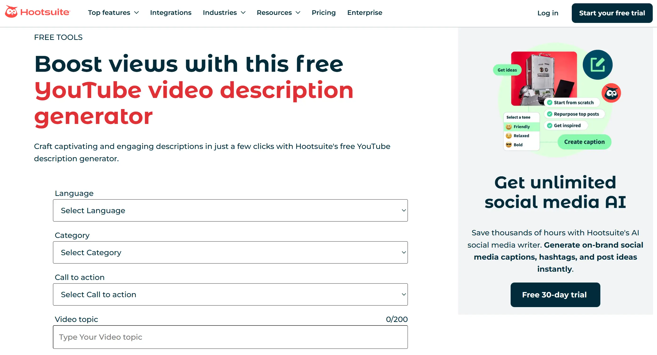Landing page of Hootsuite YouTube Description Generator