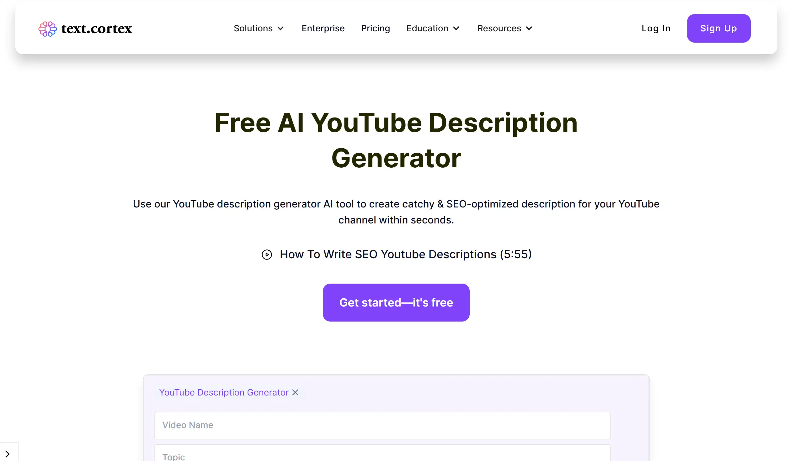 Homepage of TextCortex YouTube Description Generator