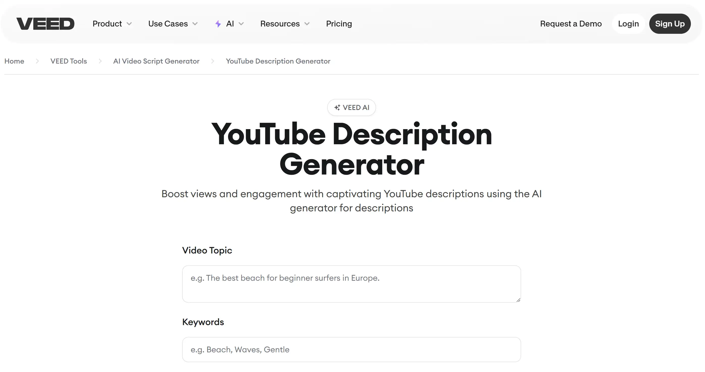 Homepage of VEED.IO YouTube Description Generator