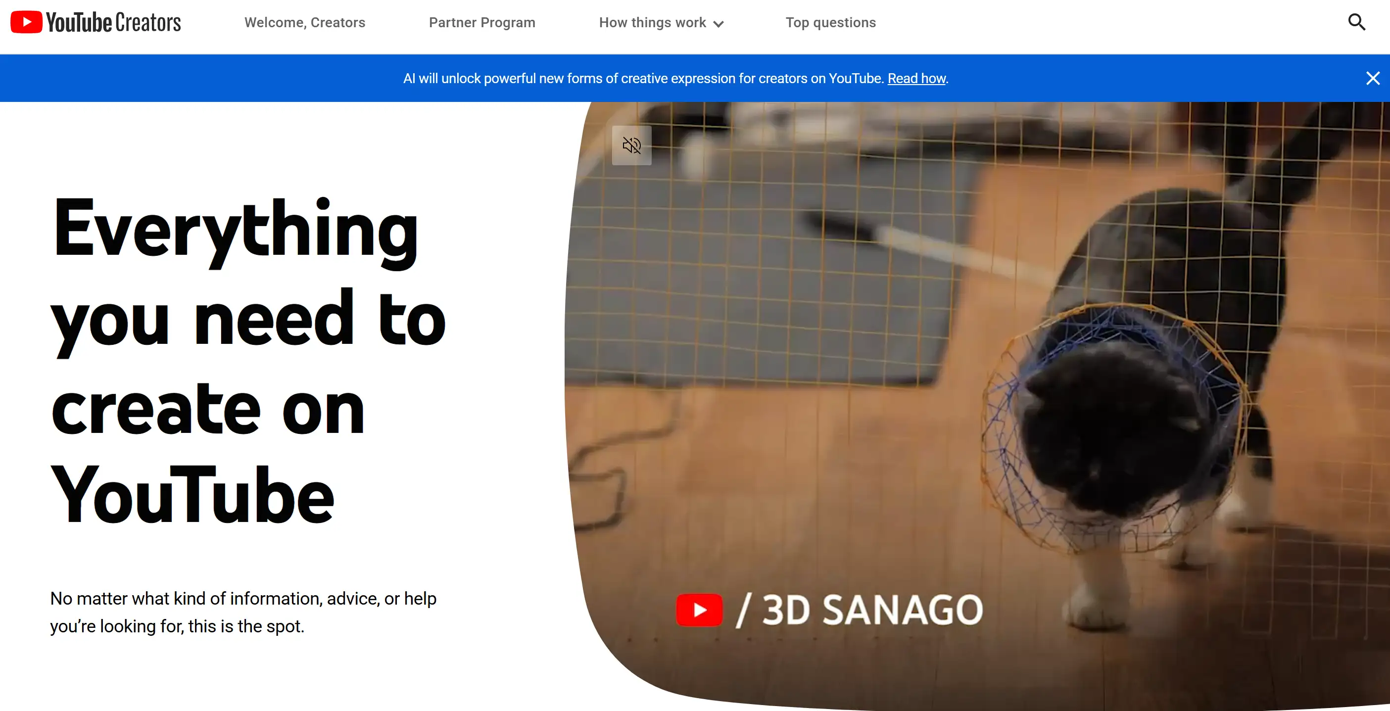 Homepage of YouTube Creators