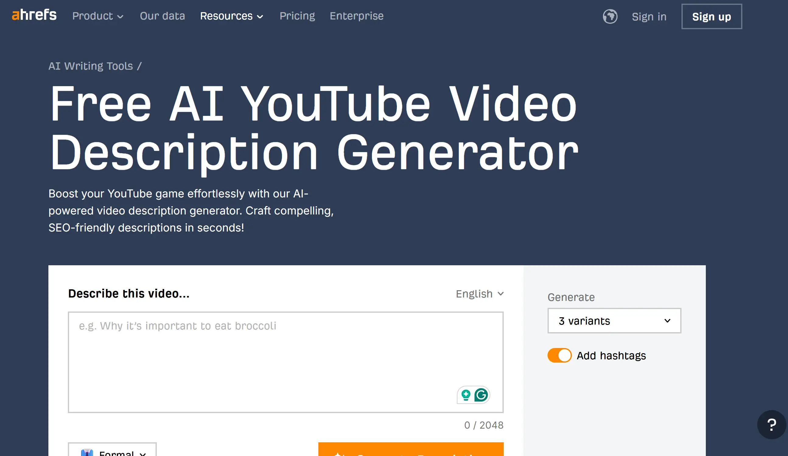 Homepage of Ahrefs YouTube Description Generator