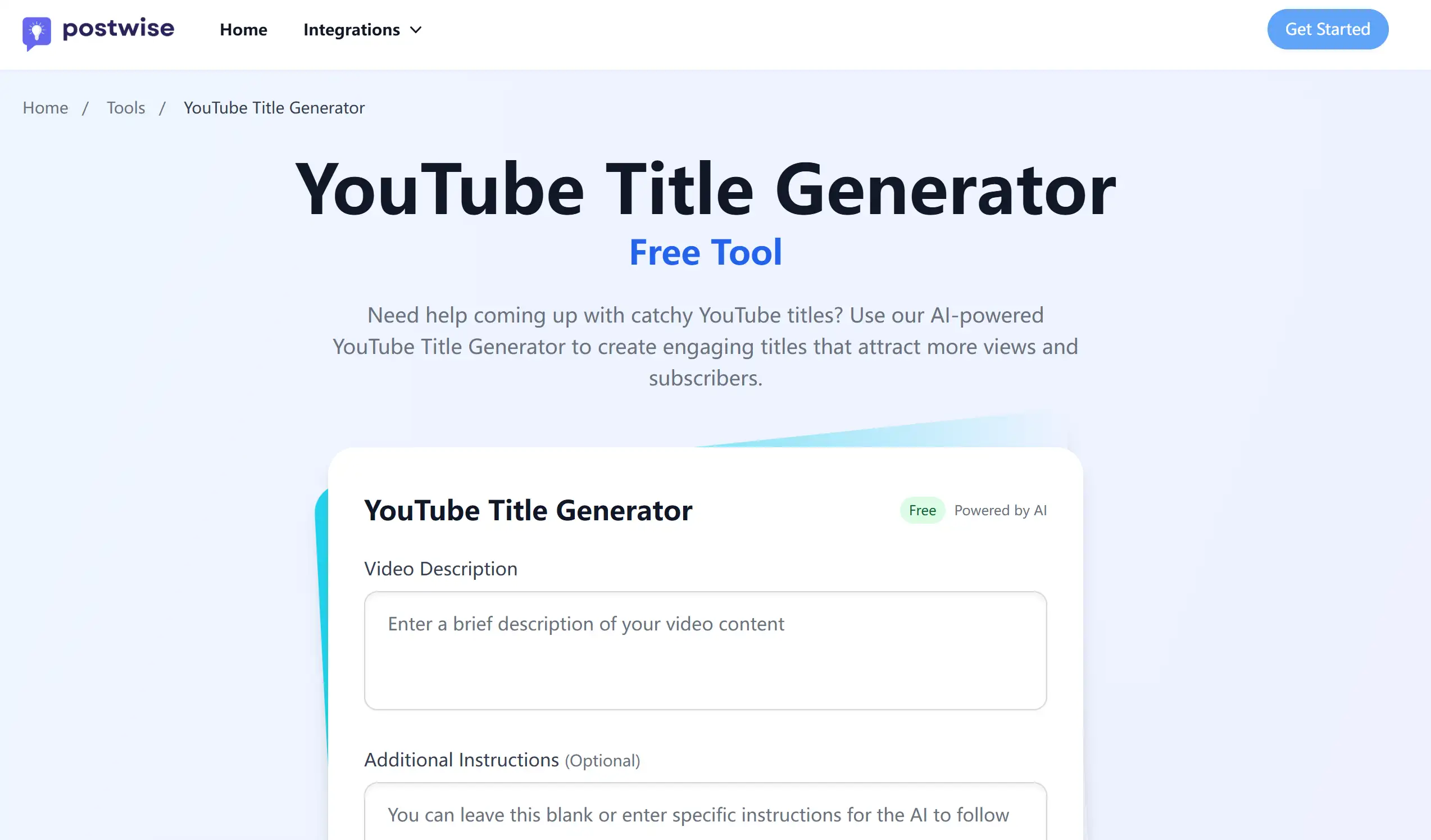 Homepage of Postwise YouTube Title Generator