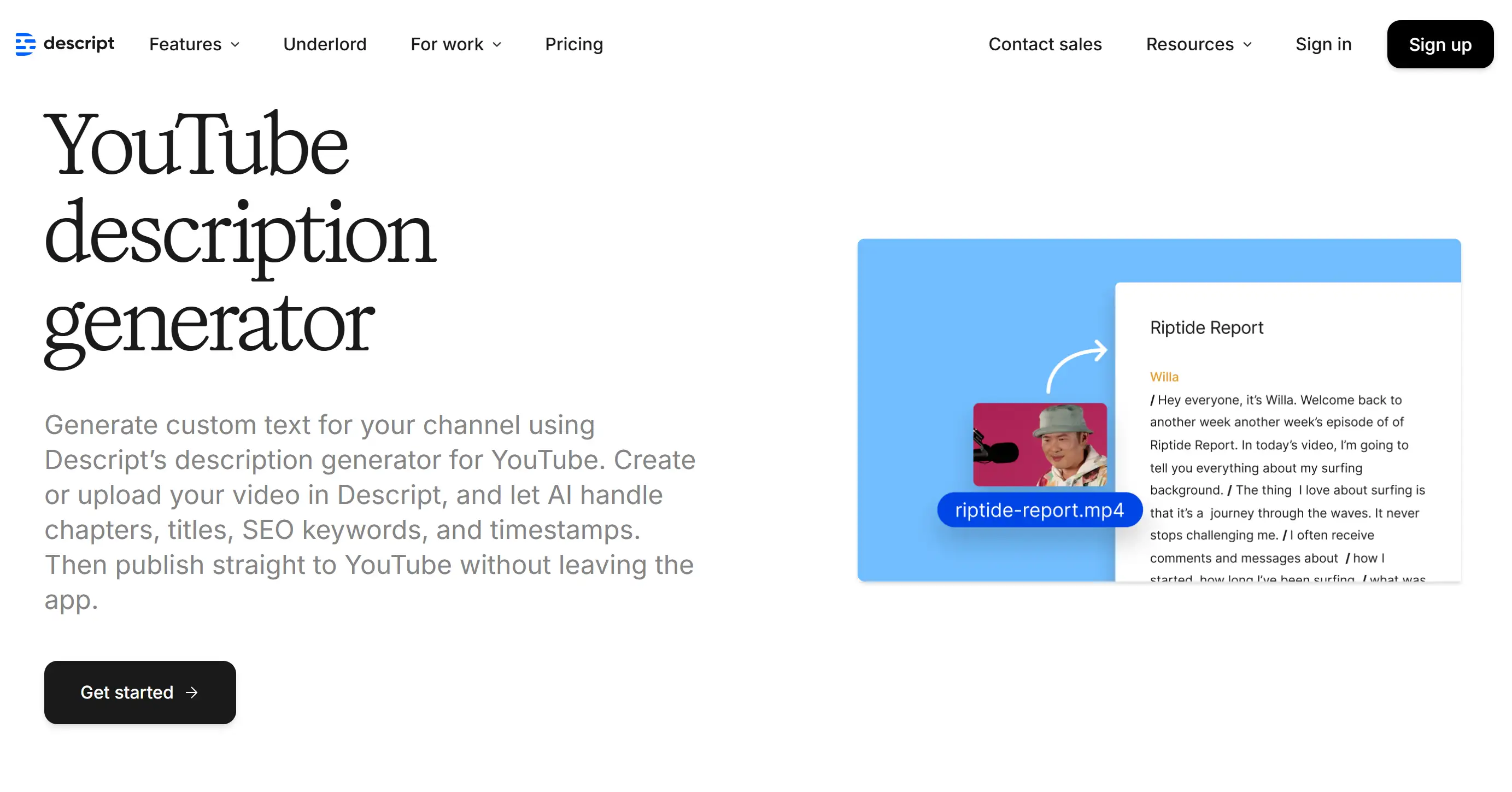 Homepage of Descript YouTube channel Description Generator