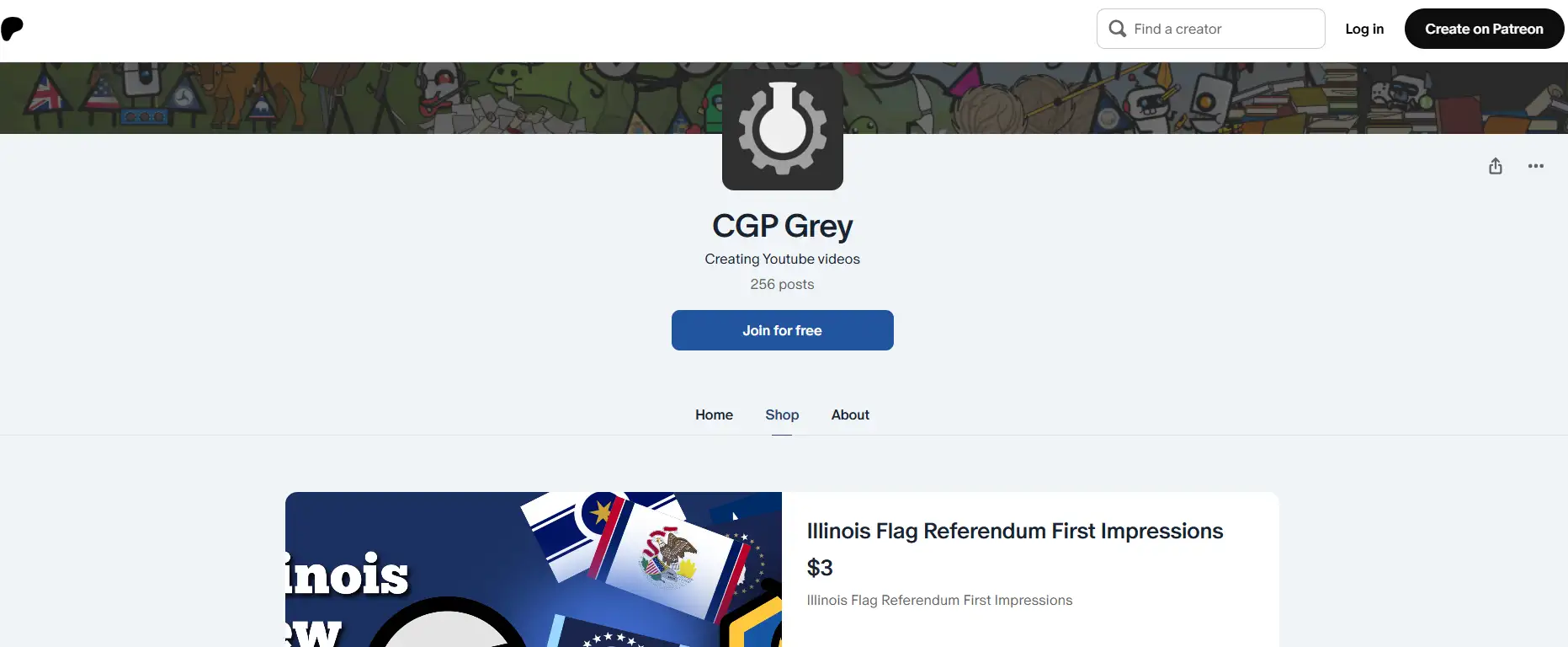 CGP Grey's project support homepage on the Patreon platform