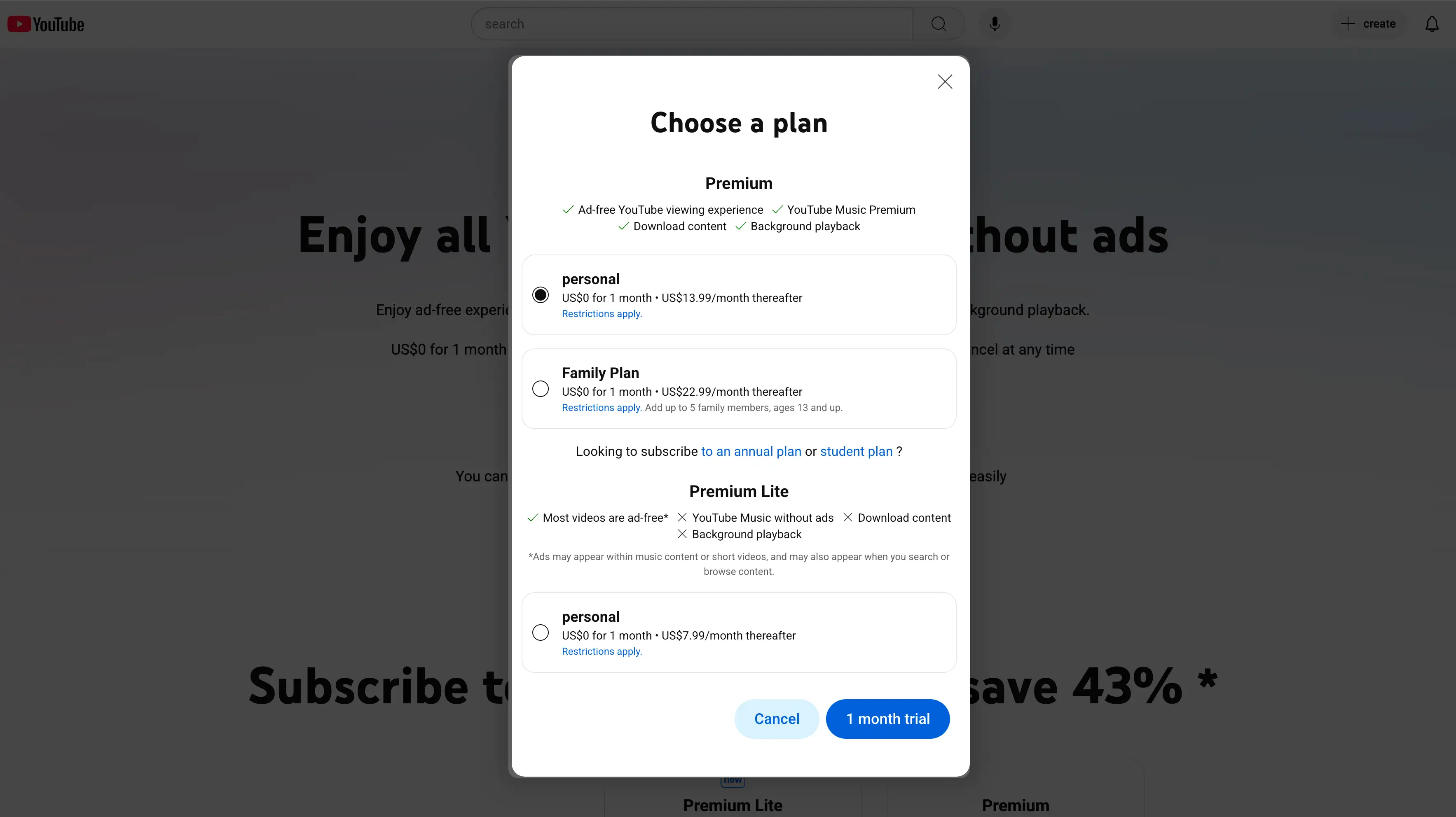 YouTube Premium Free Trial