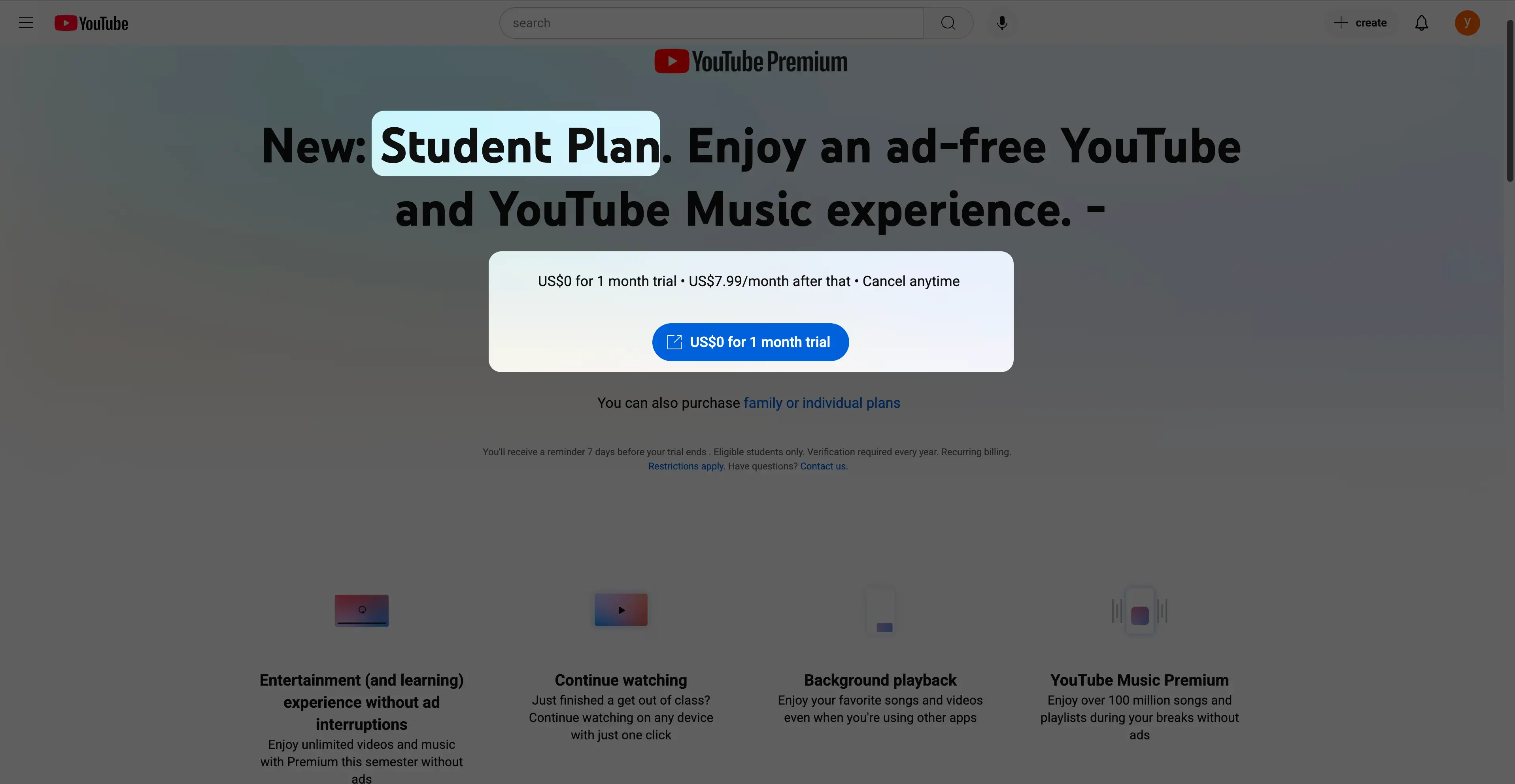 Free trial of YouTube Premium Student Plan