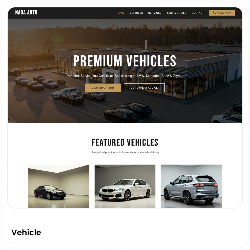 homepage screenshot of ai-generated vehicle selling website by Wegic AI