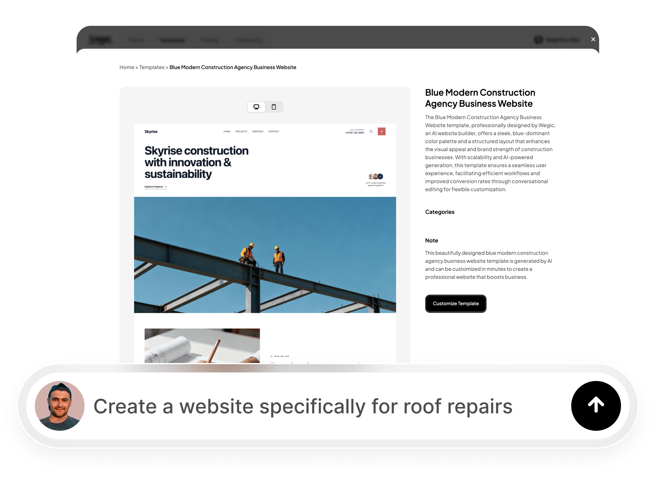 genera un sito web per riparazioni di tetti tramite chat su Wegic AI